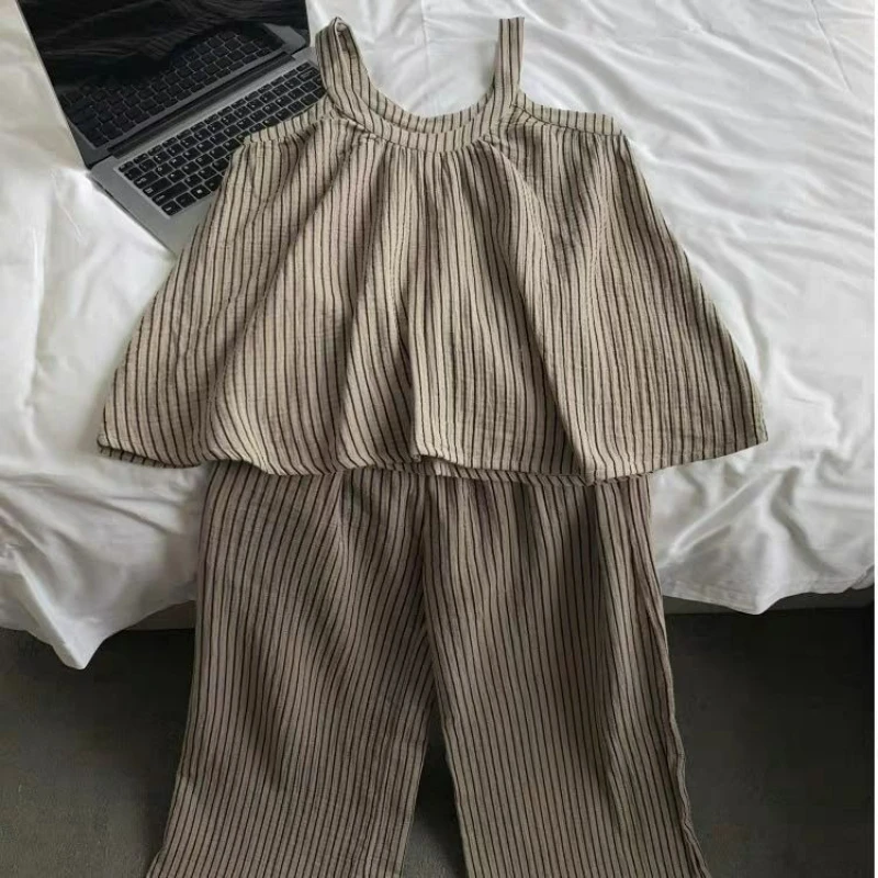 Suspender Pajamas Women's Summer Trousers Korean Version Temperament Simple Casual Striped Cloud Cotton Loungewear Two-piece Set