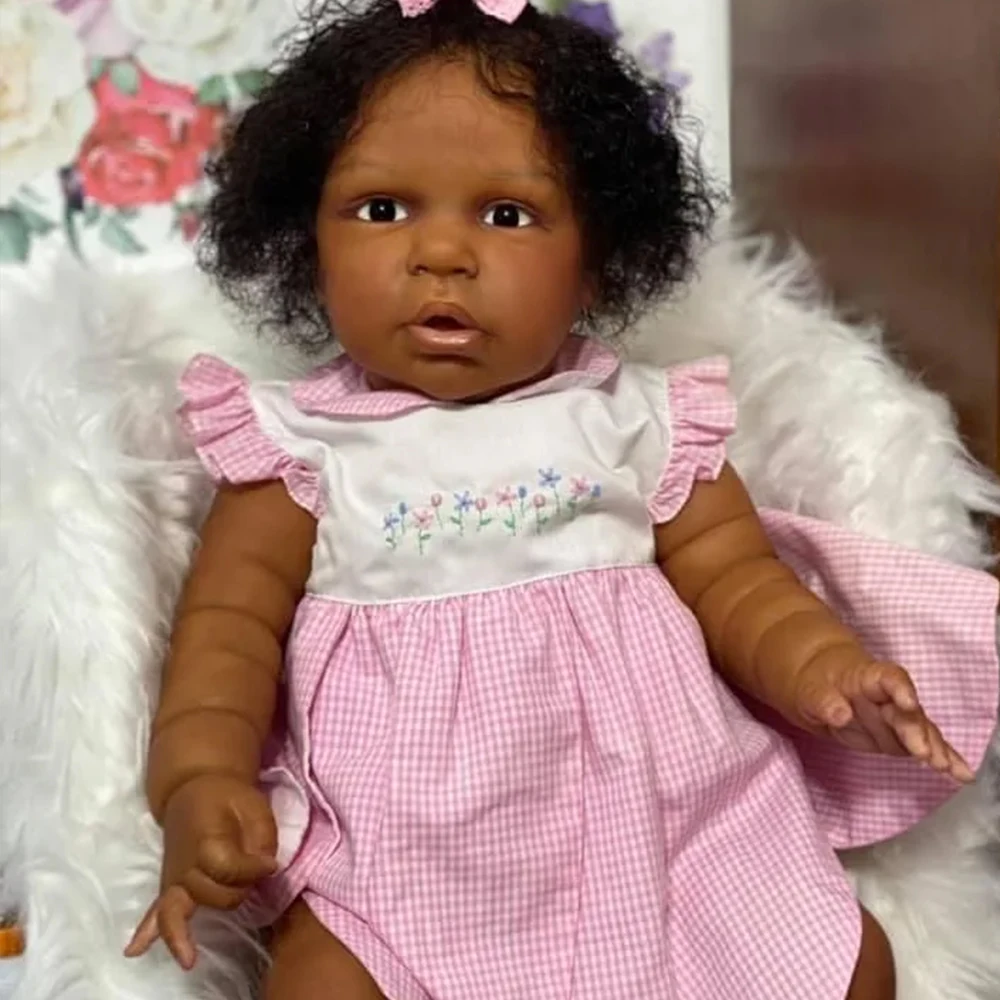 

24Inch African American Doll Magrot Black Skin Reborn Baby Finished Newborn With Rooted Hair Handmade Toy Gift For Girls