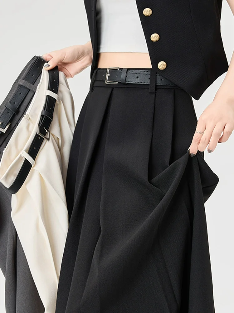 

Базовый одинаковый серый костюм, плиссированная юбка, женская летняя весенняя длинная юбка-зонтик трапециевидной формы с высокой талией, черные юбки в корейском стиле