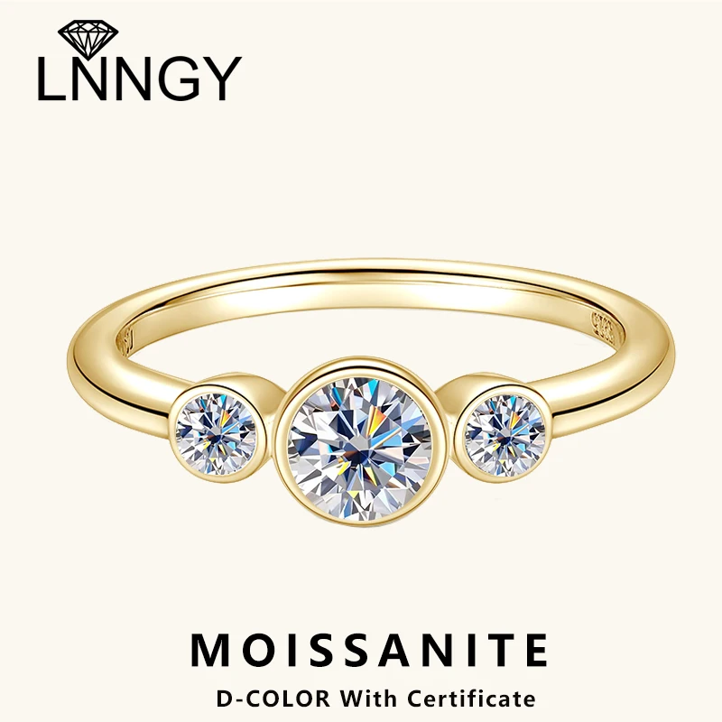 

Lnngy Certified 5mm&3mm Bezel Moissanite Diamond Ring 925 Sterling Silver Three Stone Wedding Rings for Women Exquisite Jewelry