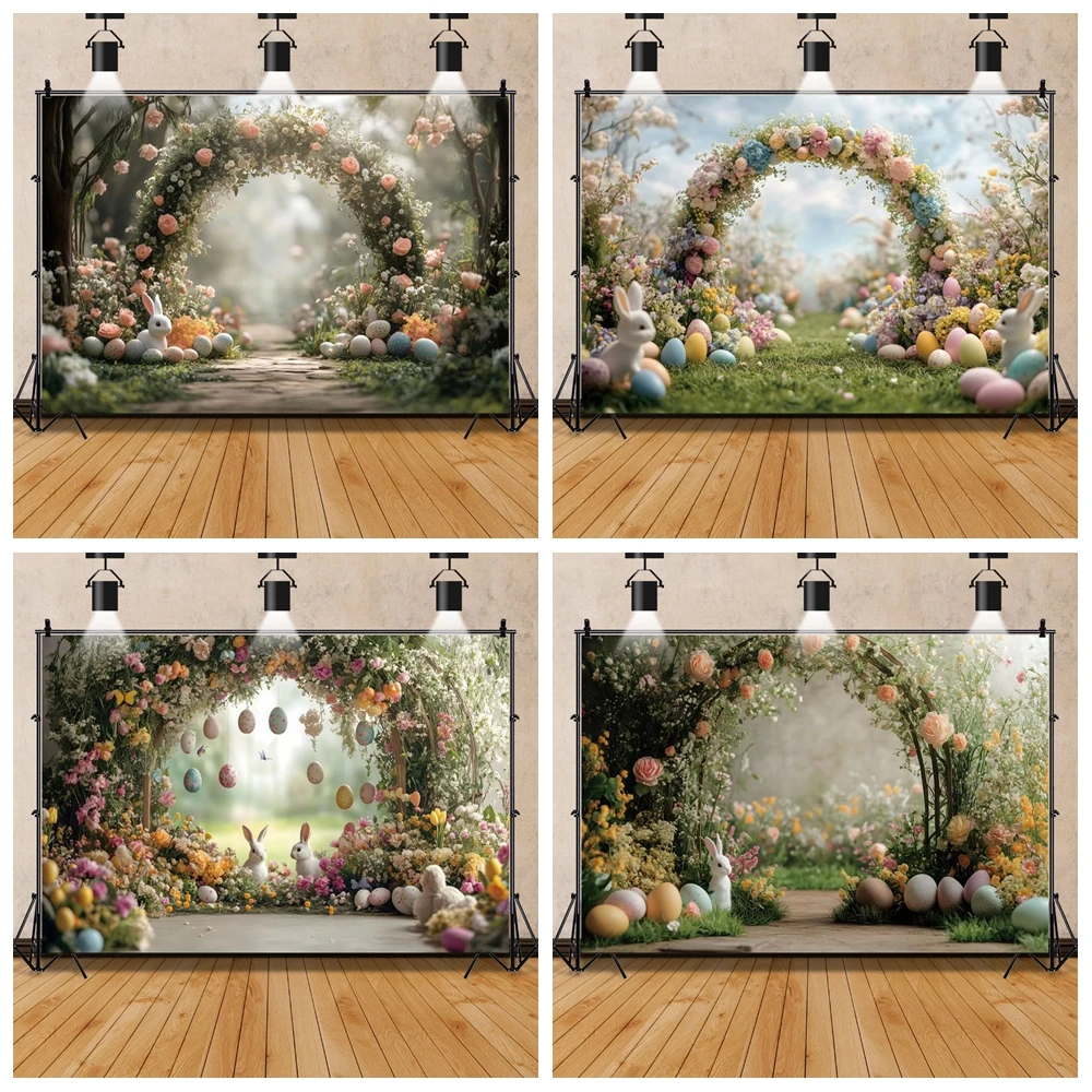 

Happy Easter Theme Spring Colorful Eggs Rabbit Arch Door Flower Birthday Party Backdrop Baby Portrait Photography Background
