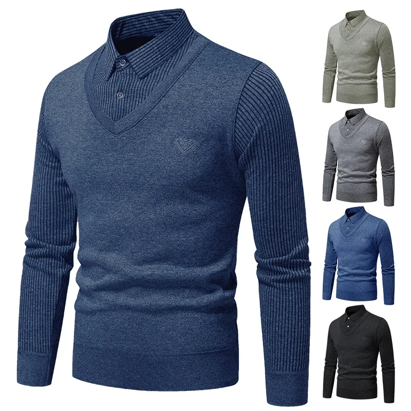 Fall Winter Collared Knit Pullover Men Fake Vest Shape Soft Stretch Material Full Fleece Lined Striped Long Sleeve Inner Shirt