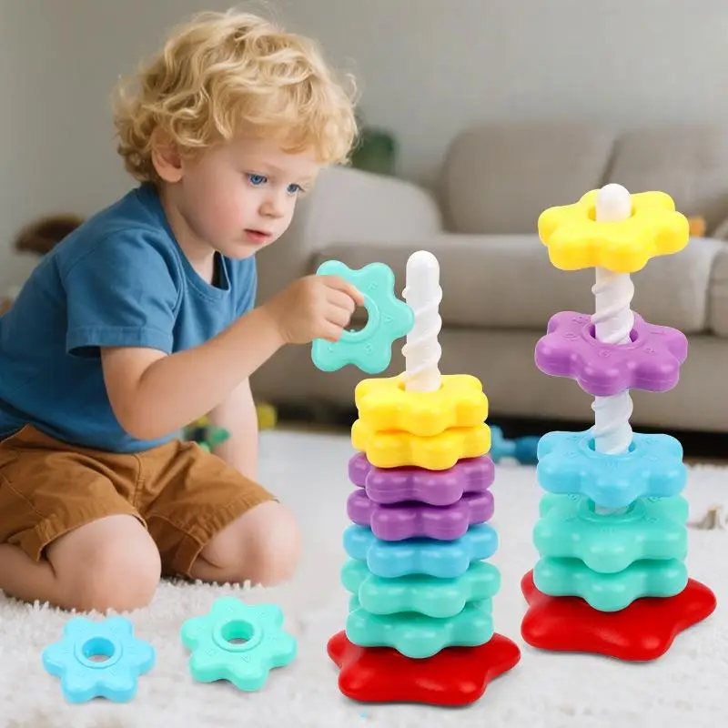 New-1Set Baby Spinning Stacking Puzzle Toys Montessori Rotating Rainbow Tower Children Develop Motor Skills Game Kids Gift