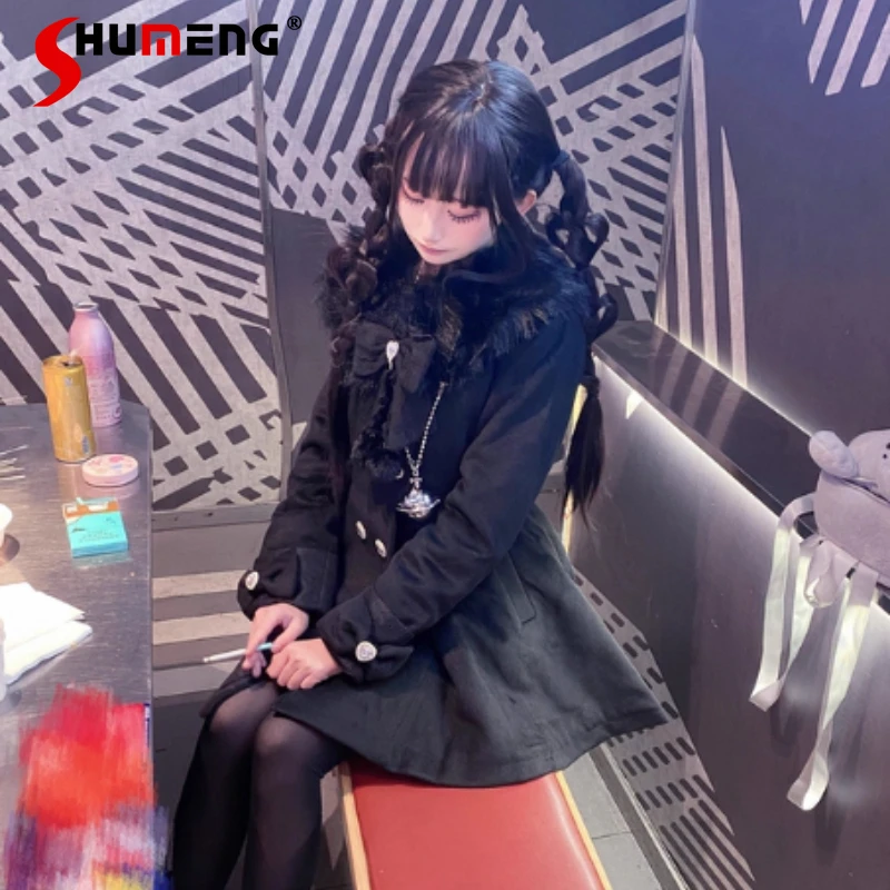 

Японское кружево Rojita Mass-Produced SC, шерстяное пальто с коротким меховым воротником, черная двубортная утягивающая меховая куртка, женское пальто