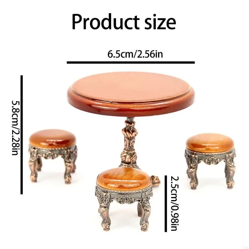 76HF Retro Miniature Dollhouses Living Room Table 4 Seats Alloy Dining Set