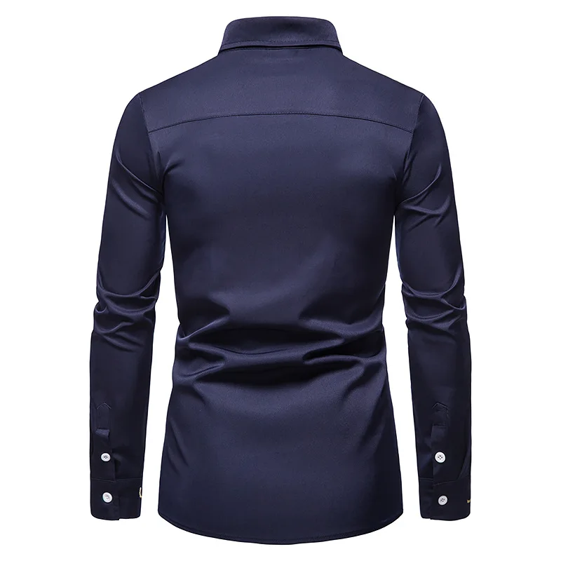 Spring New Men\'s Trendy Embroidery Asymmetric Solid Color Casual Slim Fit Comfortable Long Sleeved Shirt Western Denim Shirt Top