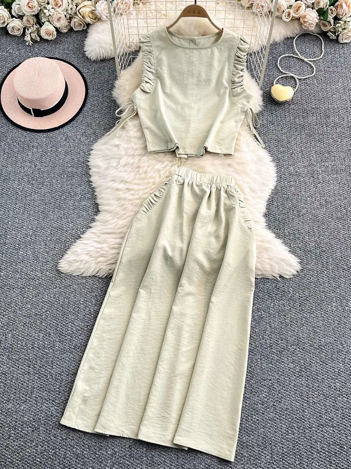 Set Gaun 2 Potong Midi Kasual Manis Elegan Atasan Crop Liburan Pantai Musim Panas Wanita Pakaian Rok Panjang Pinggang Elastis