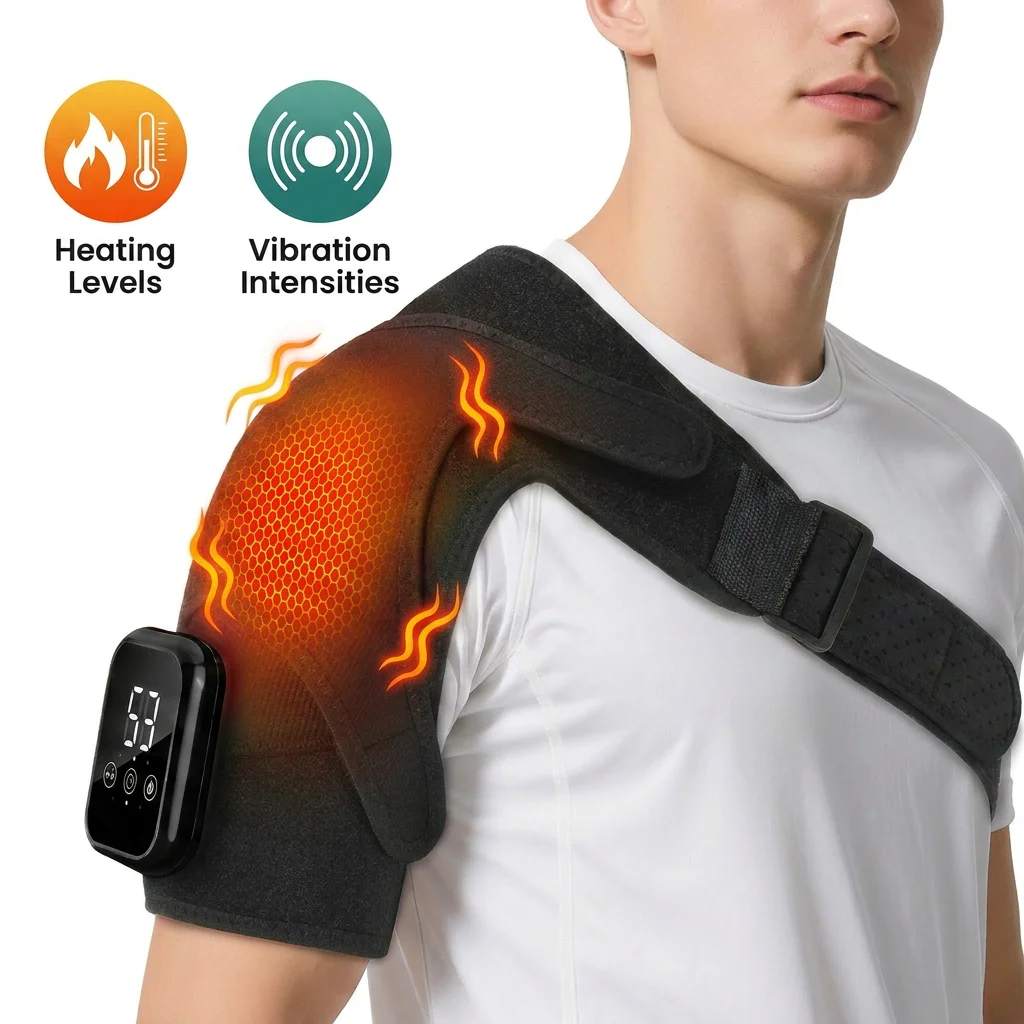 

Cordless Heated Shoulder Massager, Electric Shoulder Heating Pad with 3 Vibration Modes, LED Display Hot Compress Joint Brace