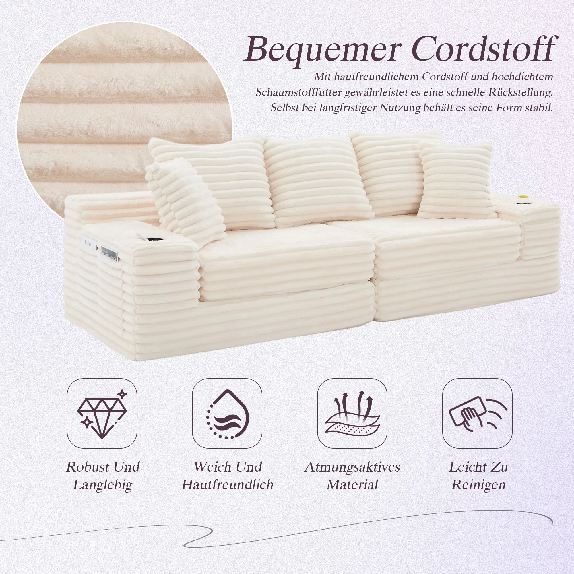LVHOM 4-Sitzer Cordsofa mit Chaiselongue, Kissenrücken, Eckigen Armlehnen, Getränkehaltern & Seitentaschen für Wohnzimmer – Detail 7
