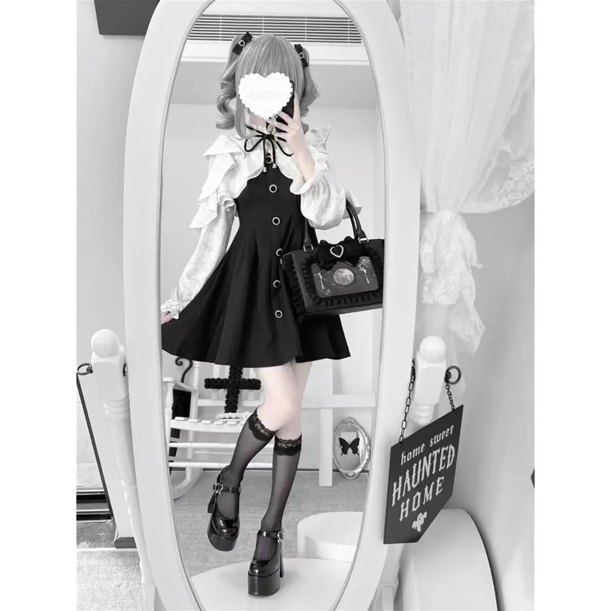 Japanese Kawaii Lolita Dress Women Sweet Y2k Aesthetic Lace Patchwork Fake Two Pieces Ruffles Dresses Gothic Party Mini Dresses