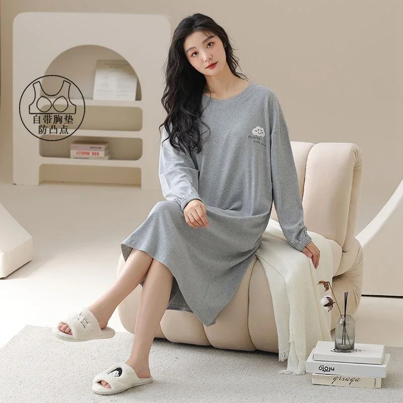 

2026 Spring Autumn Long Sleeve 100% Cotton Nightgowns for Women Korean Loose Sleepwear Ladies Night Dress Nightdress Home Nighty