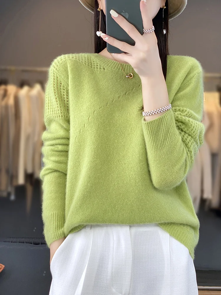 Spring Autumn New Women Cashmere Pullovers O-neck Basic Sweater 100% Merino Wool Hollow-Out Knitwear Female Bottoming Shirt