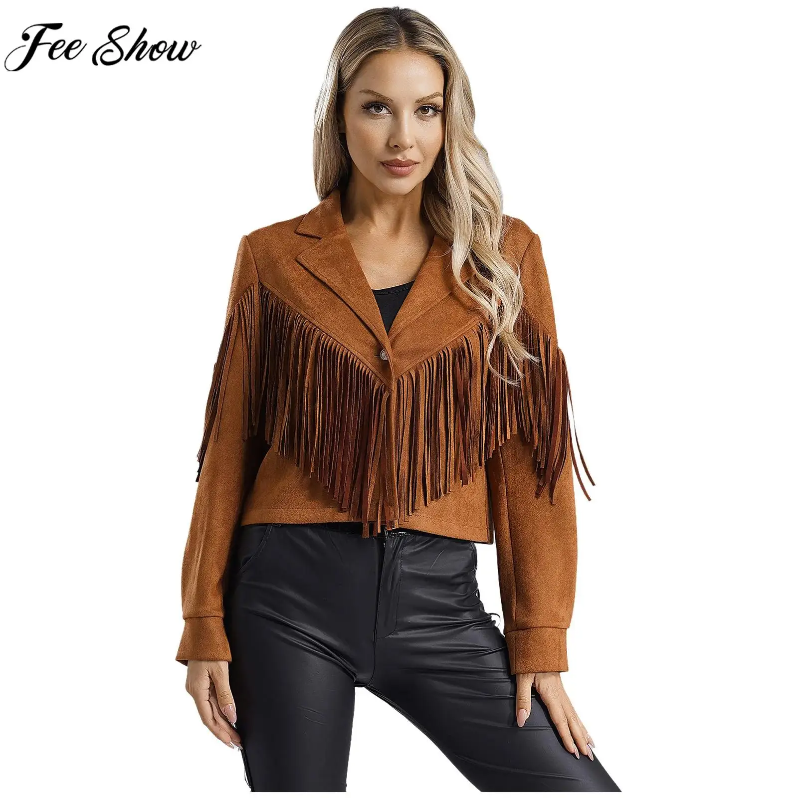 Women Halloween Carnival Western Cowboy Cowgirl Cosplay Costume Long Sleeve Faux Suede Fringe Crop Jackets Steampunk Outerwear