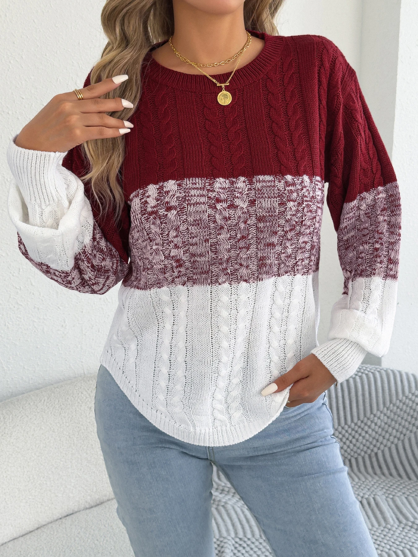 Suéter informal a rayas con bloques de Color para mujer, Tops de punto torcido de manga larga con cuello redondo y farol para Otoño e Invierno 2025
