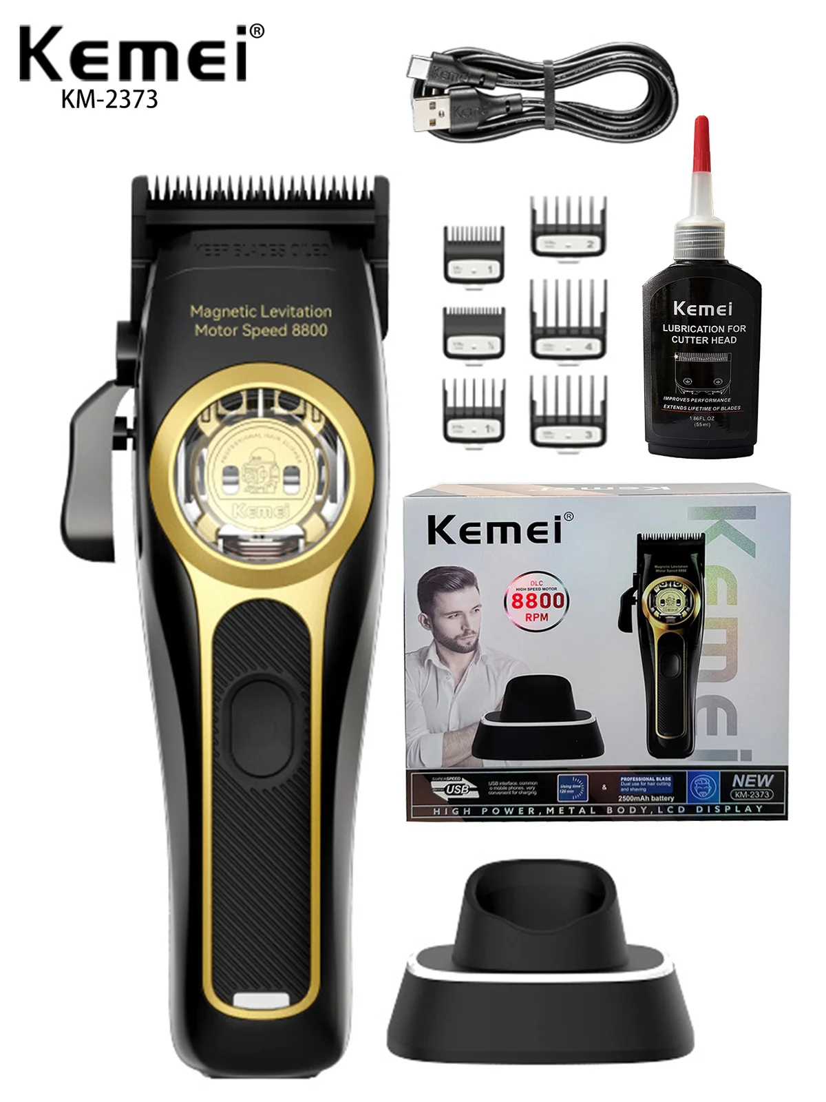 Kemei KM-2373 Baber Haarschneidemaschine Professionelle Haarschneidemaschine mit Ladestation für Männer Elektrischer Haarschneider Männer Geschenk