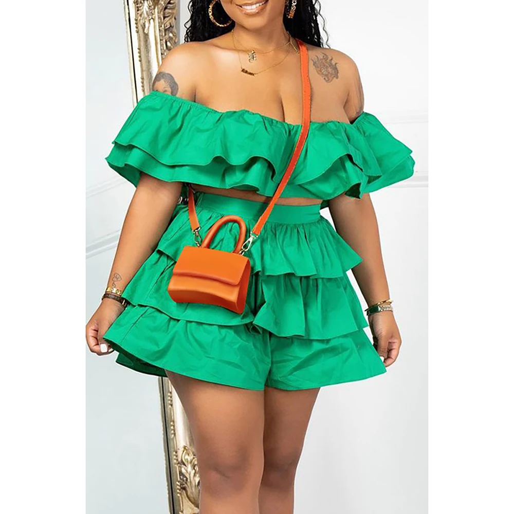 Flycurvy Plus Size Green Casual Off The Shoulder Overlay Ruffle Two Piece Short Sets