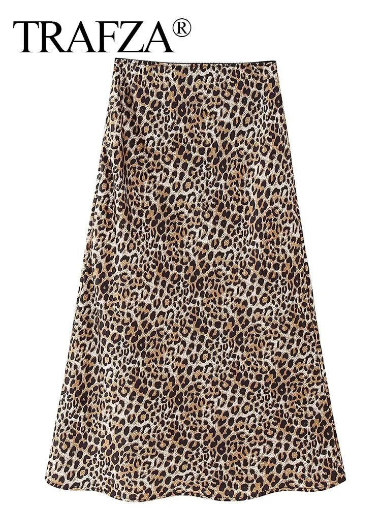 TRAFZA Women's Chic Casual Leopard Print Midi Skirts Summer Fashion Vintage Street Hem Folds High Waist Zipper A-Line Skirt Y2K