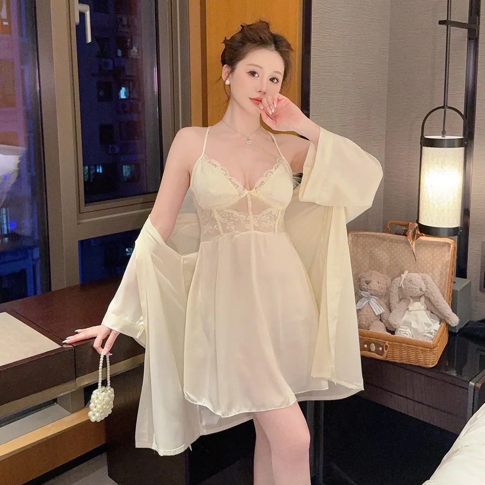 Women's Satin Silk Robe Sets Nightgown Robes Kimono Sexy Lingerie V Neck Night Dress Sleepwear Woman