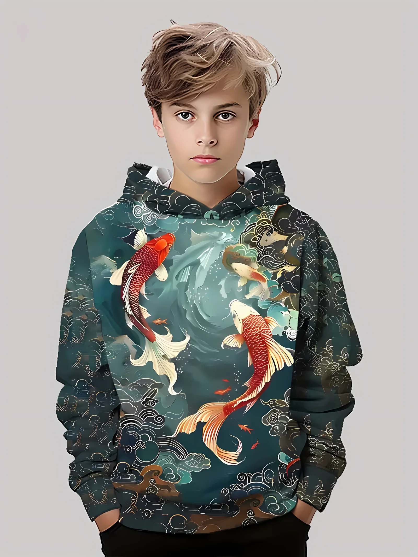 

The 2025 autumn new comfortable children's sweatshirt with 3D twin koi fish print casual children's sportswear