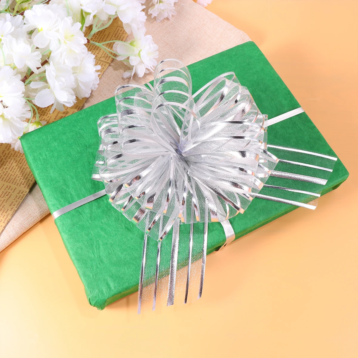 

10pcs Pull Bows Gift Wedding Orange Stripe Large Hand Drawn Flower Ball Decorations for Baskets Christmas Tree Bottle