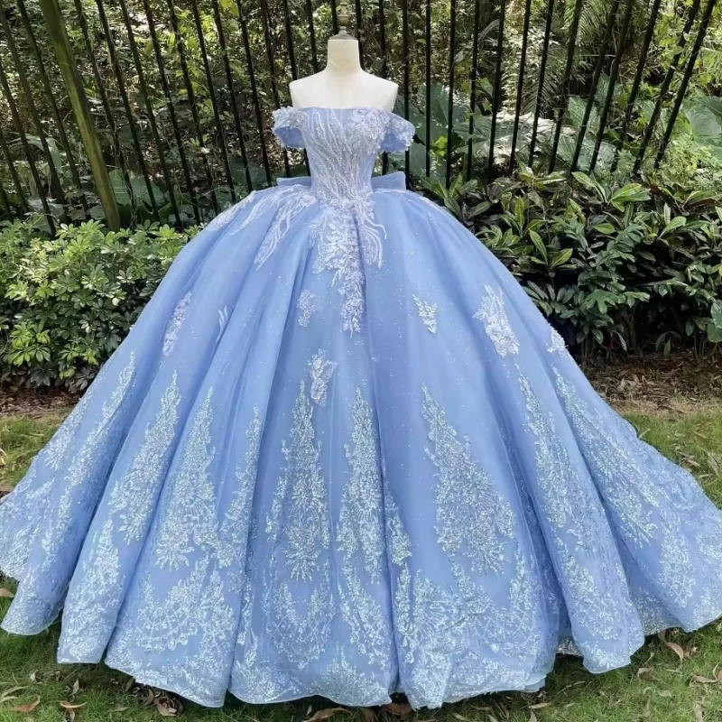 

Sky Blue Shiny Quinceanera Dresses Ball Gown Off The Shoulder Sequin Applique Lace Beading Tull Party Birthday Sweet 16 Dress
