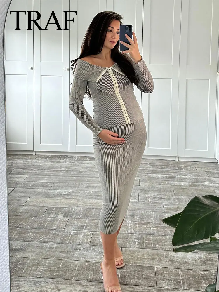 TRAF 2024 Spring Woman's Sets Turn-Down Collar Long Sleeves Zipper Cardigan Top + High Waist Chic Elegant Slim Female Long Skirt