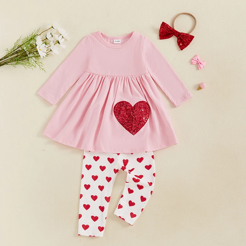 

Cute Baby Girl Autumn Ensemble Glitter Heart Print Dress Cozy Pants Matching Bow Headband 3 Piece Outfit Set