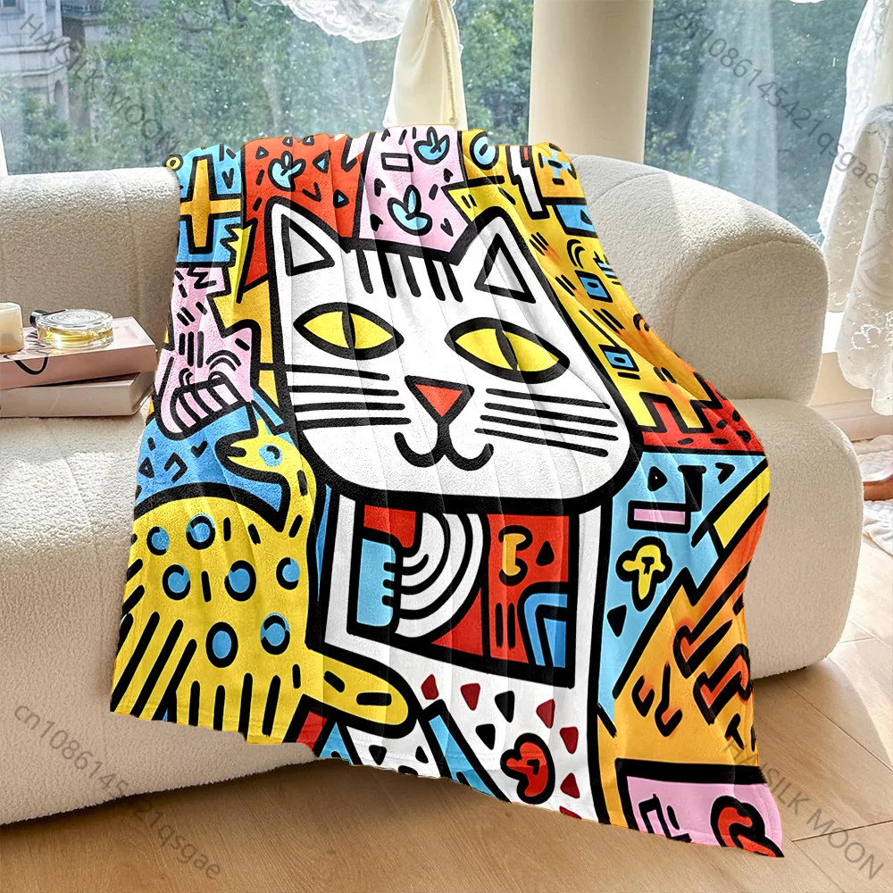 

Multi-size Colorful Abstract Cat Art Pattern Blanket Flannel Material Soft Warm for All Seasons Home Outdoor Camping Picnics RV