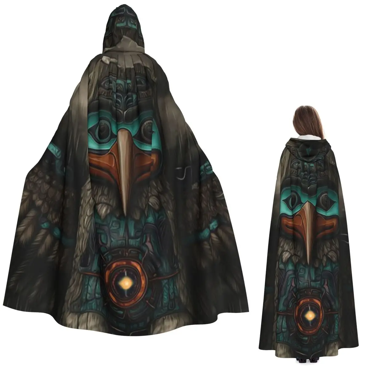 

Thunderbird Native American Totem Pole Long Hooded Cloak Witch Medieval Costume Cosplay Cape HalloweenCoat Adult Unisex