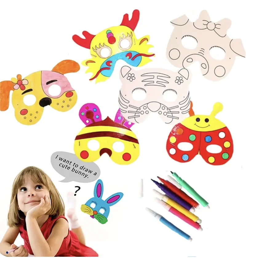 หน้ากากวาดภาพลายการ์ตูนสัตว์สำหรับเด็ก 8 ชิ้น ชุดระบายสี DIY งานศิลปะสำหรับเด็กอนุบาล กระดานวาดภาพ ของเล่นสร้างสรรค์