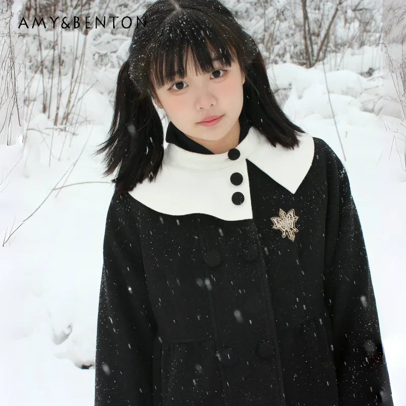 

Japanese Jk Uniform Original Design Winter Lolita White Cloak Collar Black Double Breasted A-Line Skirt Coat Woolen Coat Girls