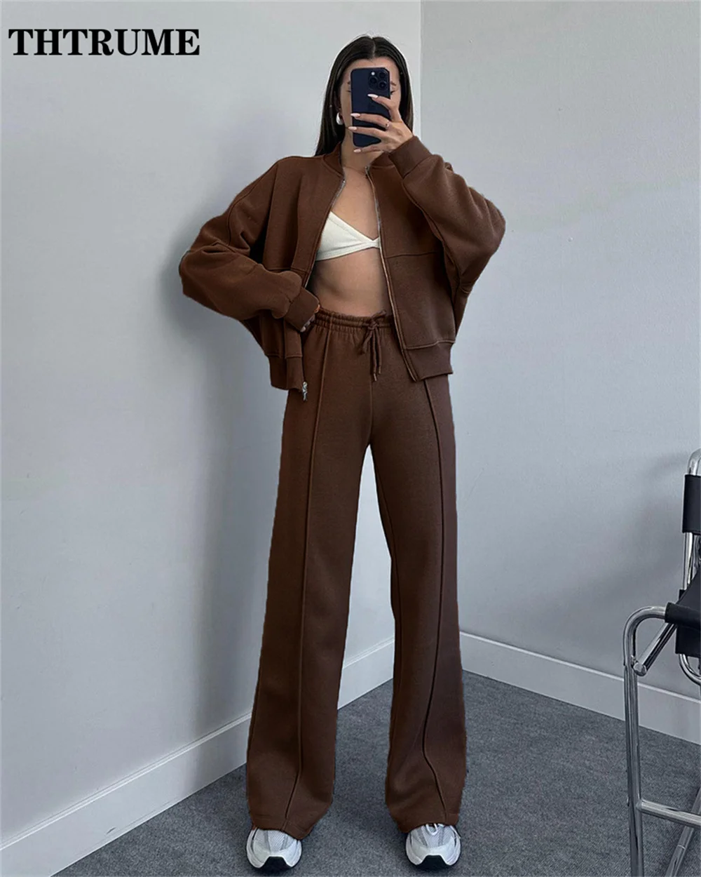 Elegant Women New Two Piece Sets Fashion Autumn Solid Zipper Jackets Straight Pants Outfits Casual Communte Chic Slim Streetwear