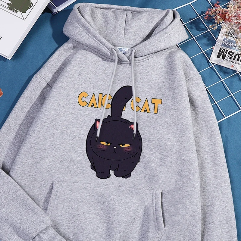 Cute cartoons black cat printed hoodies men Harajuku casual hoodie fashion big size hoody autumn warm fur-liner women pullover