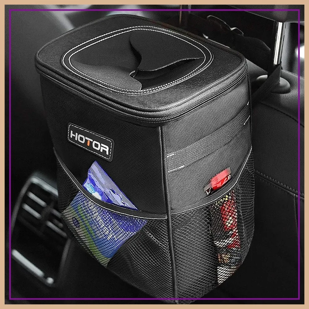 

2 Gallon Car Trash Can with Lid, Leak-Proof Waterproof Garbage Bin, Collapsible Organizer with Storage Pockets