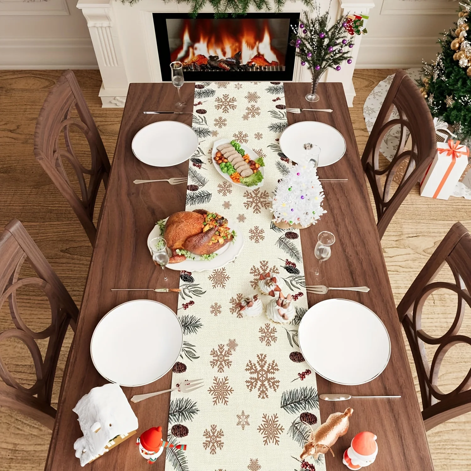 

Christmas Snowflakes Pine Branches Linen Table Runner Party Decor Reusable Farmhouse Kitchen Dining Table Runner Xmas Decor