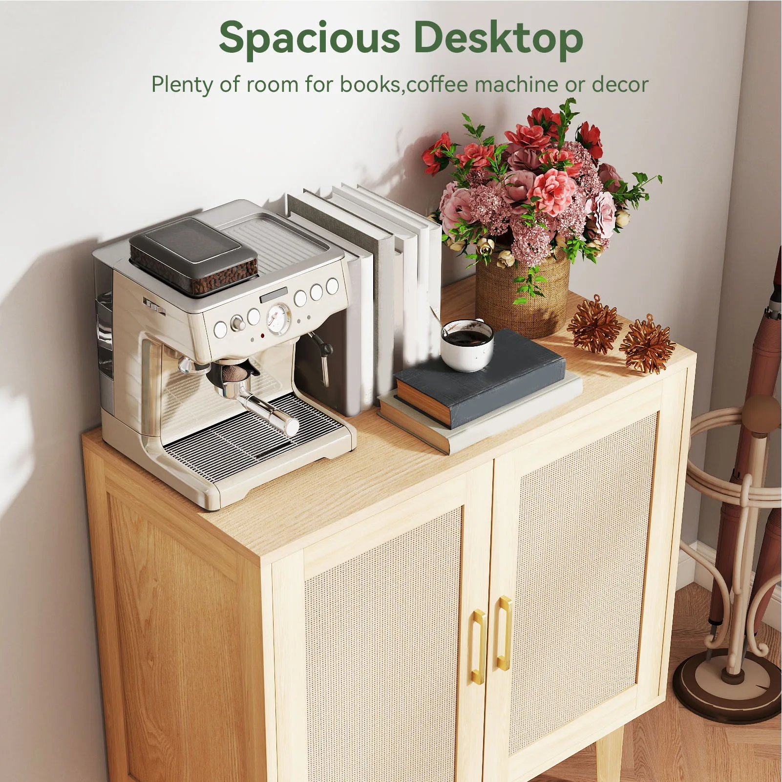 

Multifunctional Wood Color Buffet Cabinet - Rattan Doors Solid Wood Feet Sideboard for Kitchen Dining Room Storage