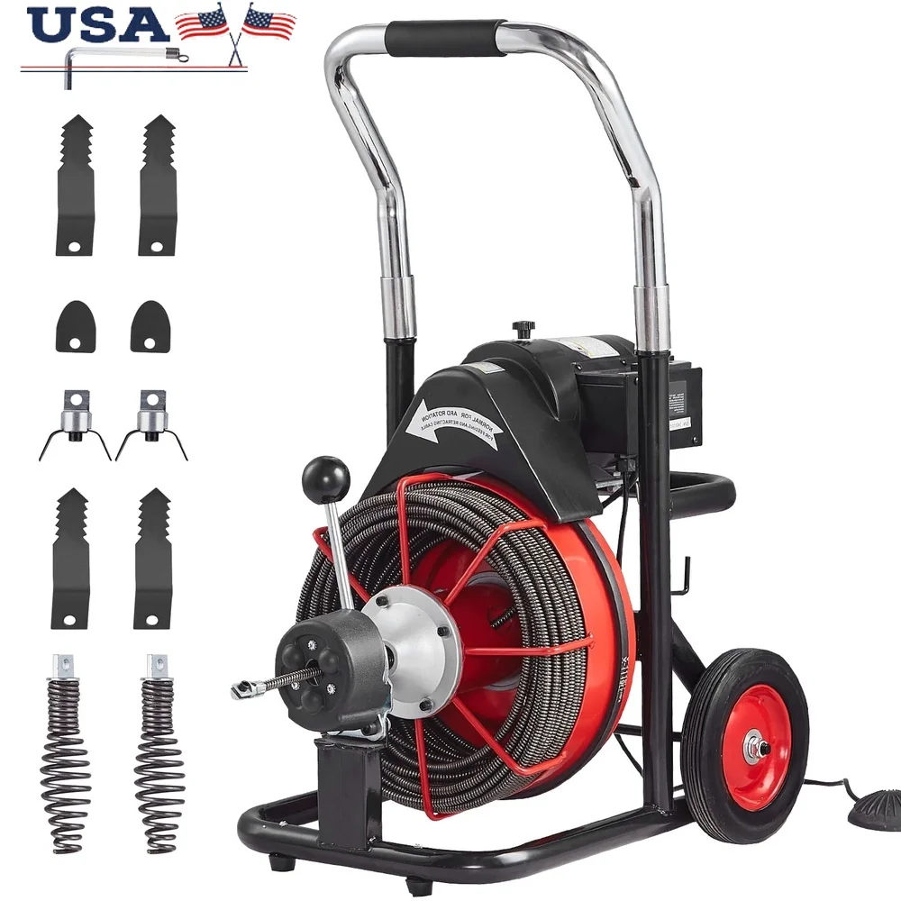 

Портативная машина для очистки стоков, стальной кабель 100 футов, 3/8 дюйма, с автоматической подачей, 370 Вт, 8 фрез, трубы с воздушным ножным переключателем