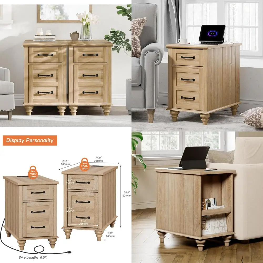 Par de mesas auxiliares de madeira clara com carregamento e armazenamento, mesa lateral de sofá equipada com gaveta, mesa de cabeceira rústica