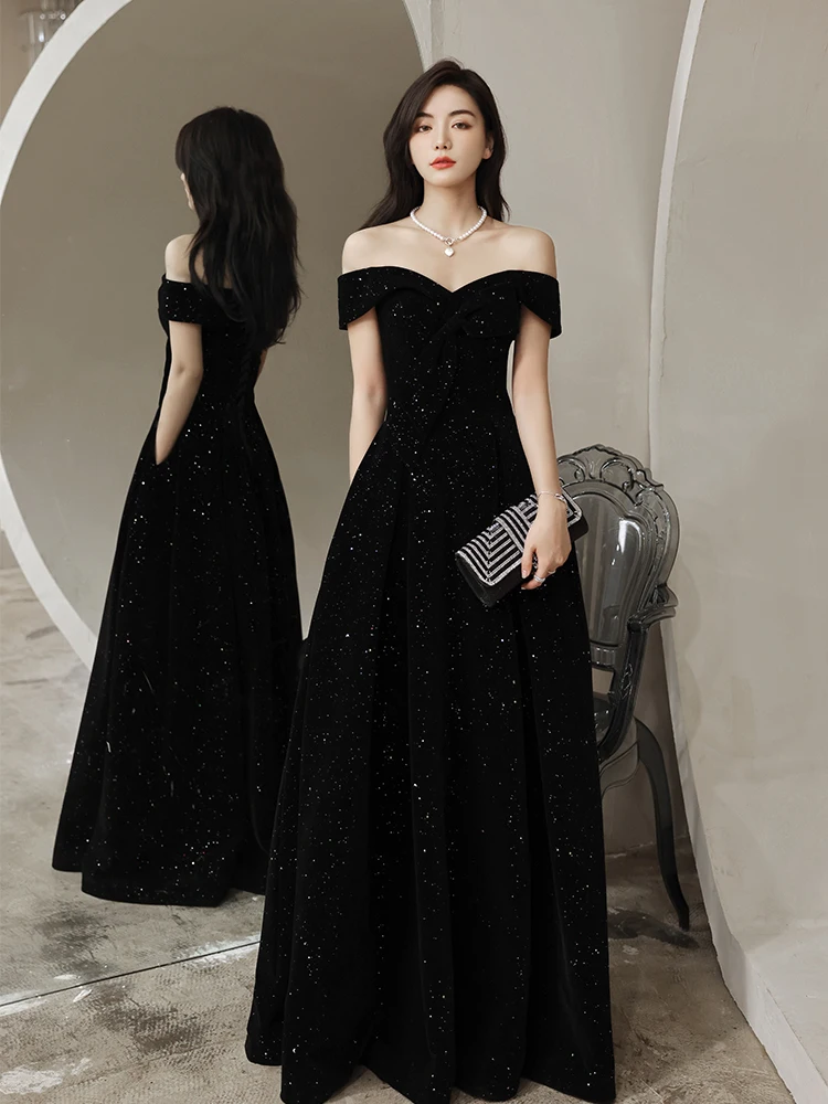

Ele Long One-oulder Bla Evening Gown Dr for aduation Performance Host Ball Gown Midi Skirt ort Sve