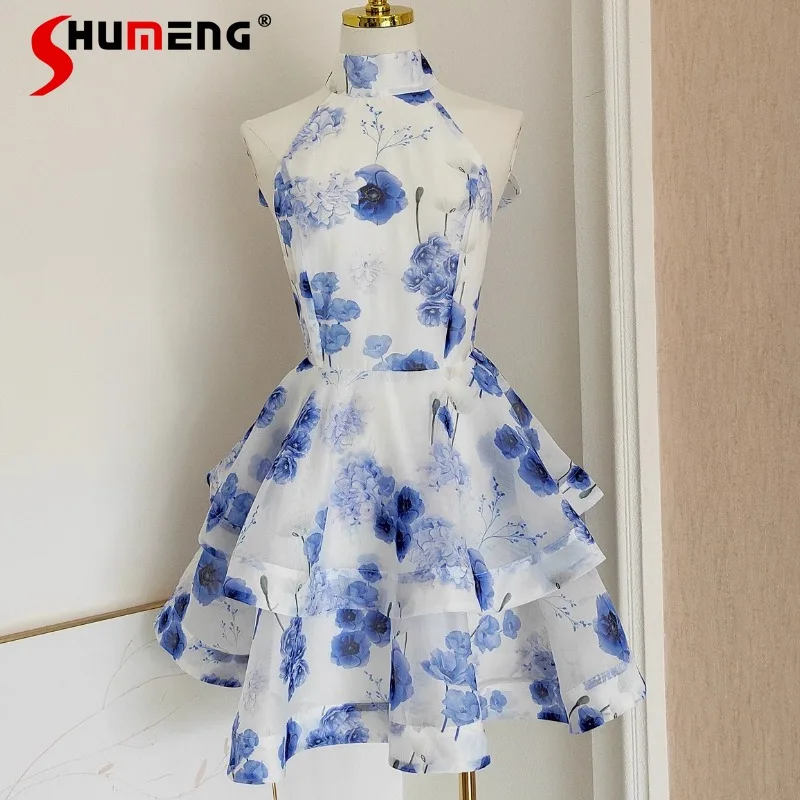 

2025 Summer New French Style Y2k Slimming Half High Collar Dresses Design Sexy Backless Tie Bow Print Halterneck Dress For Women