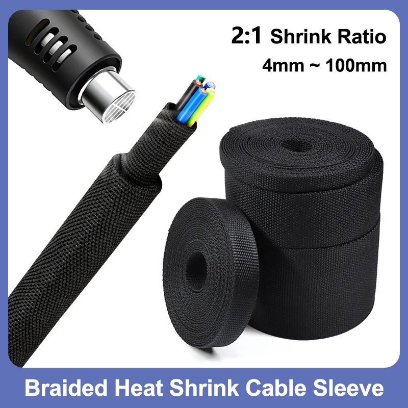 1/2/5/10M Braided Heat Shrink Cable Sleeve Black 4mm ~ 100mm PET Insulation Flam Retardant Organizer Protection Wire Wrap Sheath