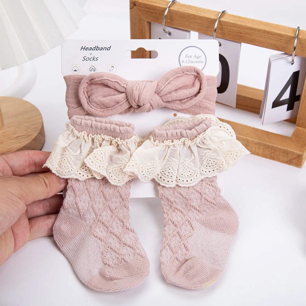 3Pcs/Set Vintage Lace Socks for Baby Girls Thick Knee Cotton Long 0-12M Socks Muslin Cotton Bow Headbands Ealstic Hairbands