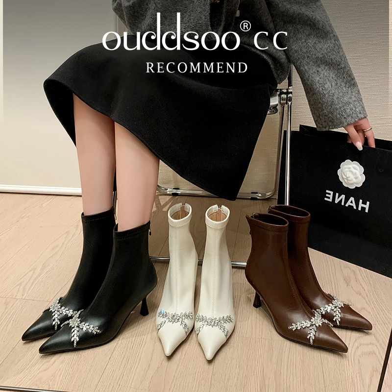 

Ods Роскошные женские ботильоны с кристаллами и драгоценными камнями, пикантные женские туфли с острым носком на тонком высоком каблуке с молнией сзади, женская обувь Botas Mujer42