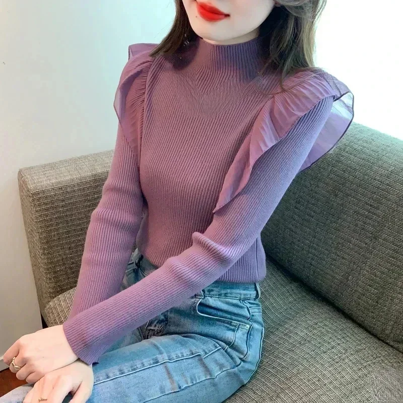 

Knit Bottoming Shirt 2024 Autumn Winter New Mesh Ruffled Stitching Semi-high Neck Sweater Feminine Slim Long Sleeve Sweater Tops