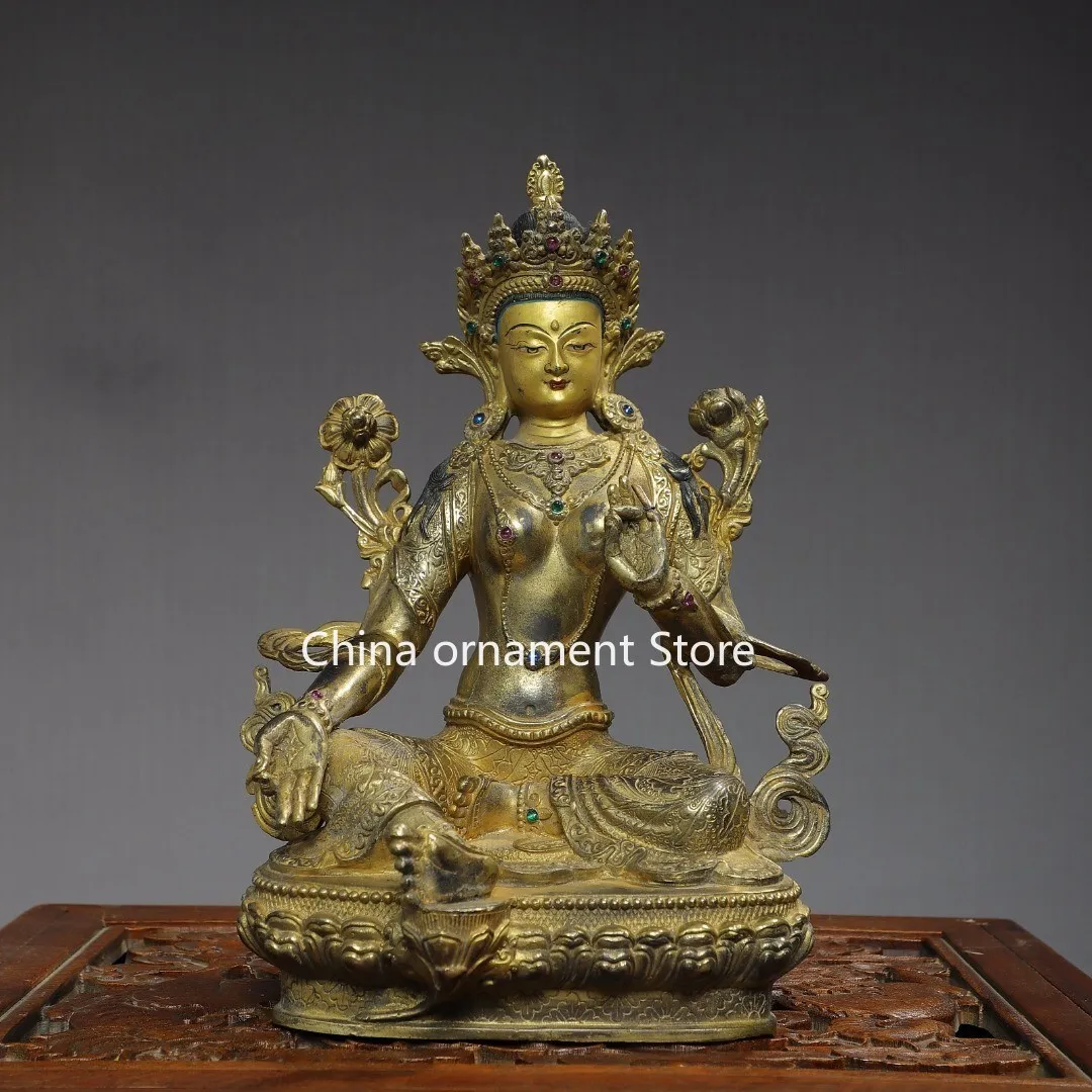 30 CM China old tibet Bronze gilt Green Tara Green Tara Mantra buddha Statue