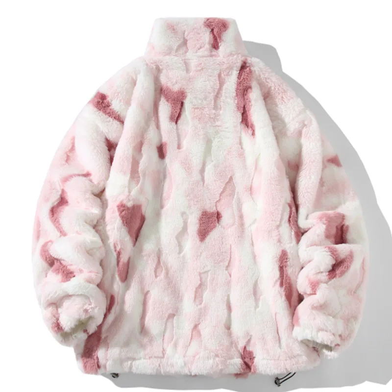 Men Winter Faux Fur Coat Tie Dye Gradient Imitation Rabbit Fur Jacket Harajuku Casual Loose Thick Outwear Zipper Lamb Fleece Top