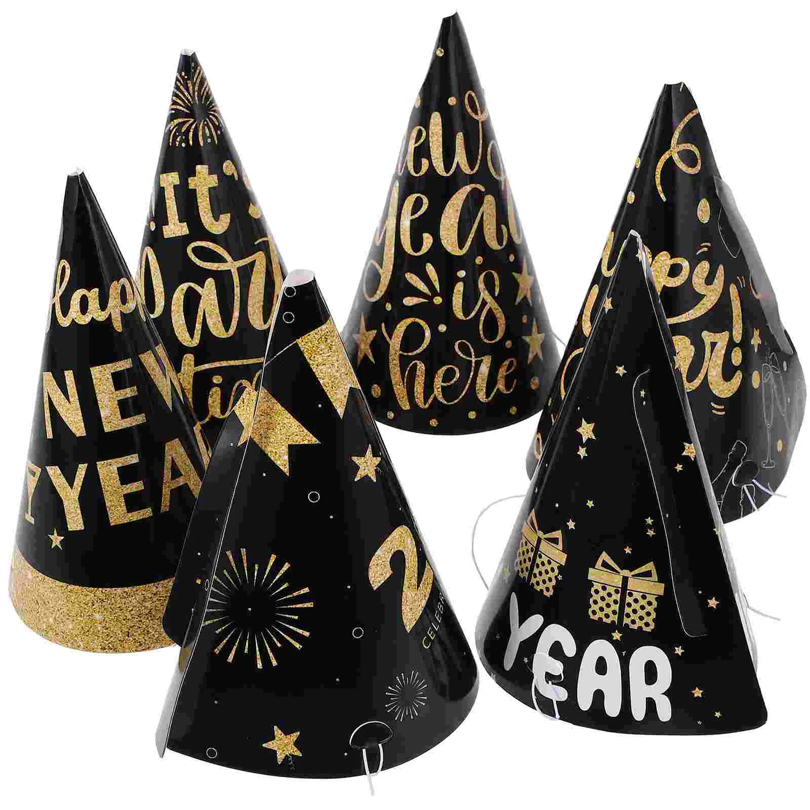 6 Pcs New Years Eve Hat Year's Party Dress Up Black Gold Paper Photo (New Type B) 6pcs Supplies Hats for Adults Child