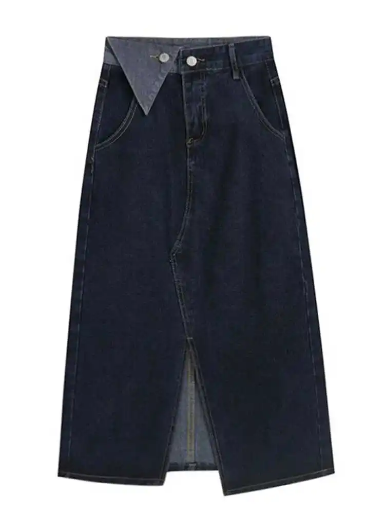 

Vintage Slit Design Women's Skirts High Waist A-line All Match Slimfit Skirt Solid Color Commuting Office Denim Dress