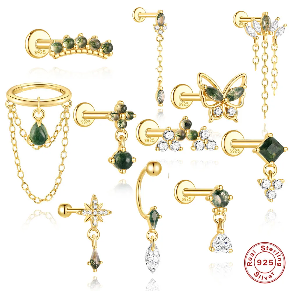 مساعد 1 قطعة بلاتا 100% 925 فضة لطيف Y2k الأخضر العقيق وأقراط اليدوية كوريا ترصيع الأذن للنساء مجوهرات Pendientes