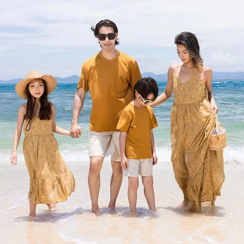 Family Beach Clothing Mother and Daughter Matching Resort Yellow Dress  Sleeveless Father Son T Shirts Set Vacation Women Dresses - AliExpress 1501